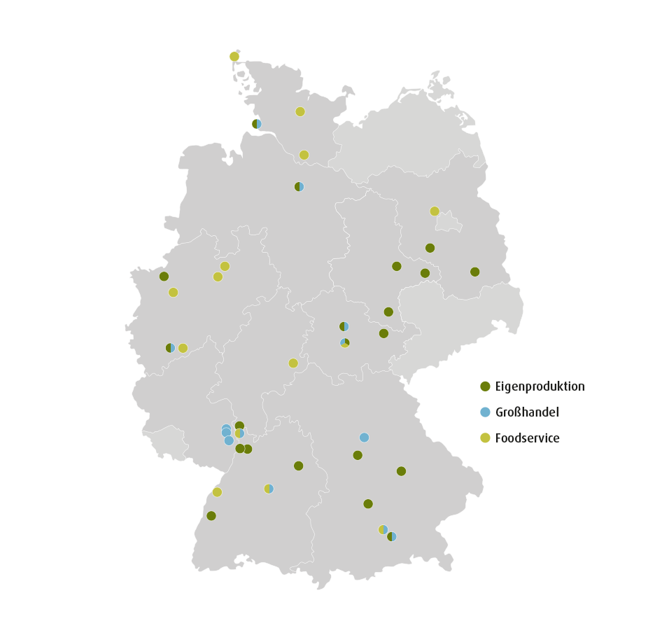 Karte mit markierten Standorten für Eigenproduktion, Großhandel und Foodservice in Deutschland.