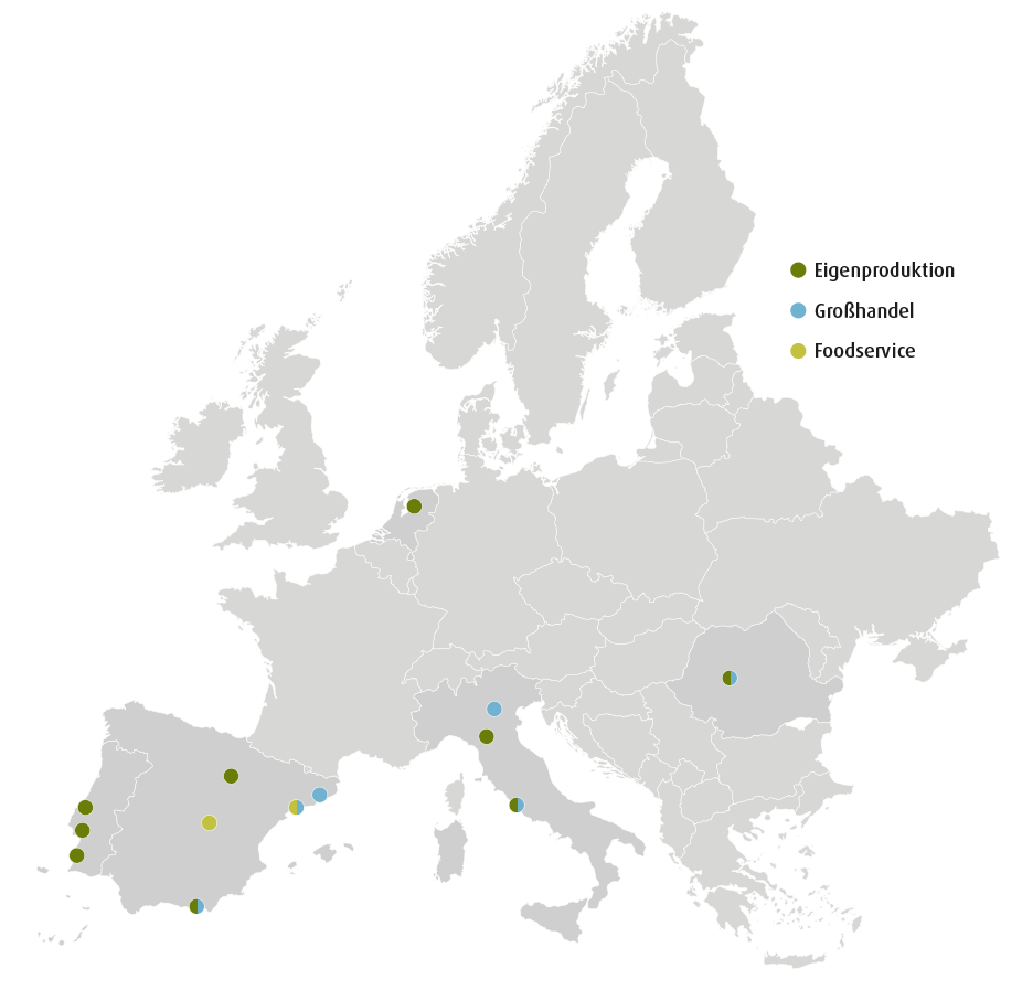 Karte mit markierten Standorten für Eigenproduktion. Großhandel und Foodservice in Europa.