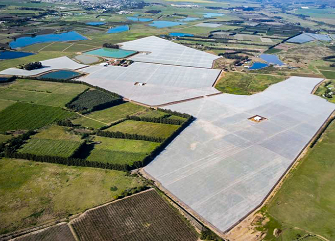 Luftaufnahme der 170 Hektar großen Heidelbeer-Plantage von Waterstone Berries in Tulbagh, Südafrika, mit Pack- und Kühlstationen