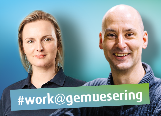 Lächelnde Frau und Mann vor blau-grünem Hintergrund mit dem Schriftzug #work@gemuesering.